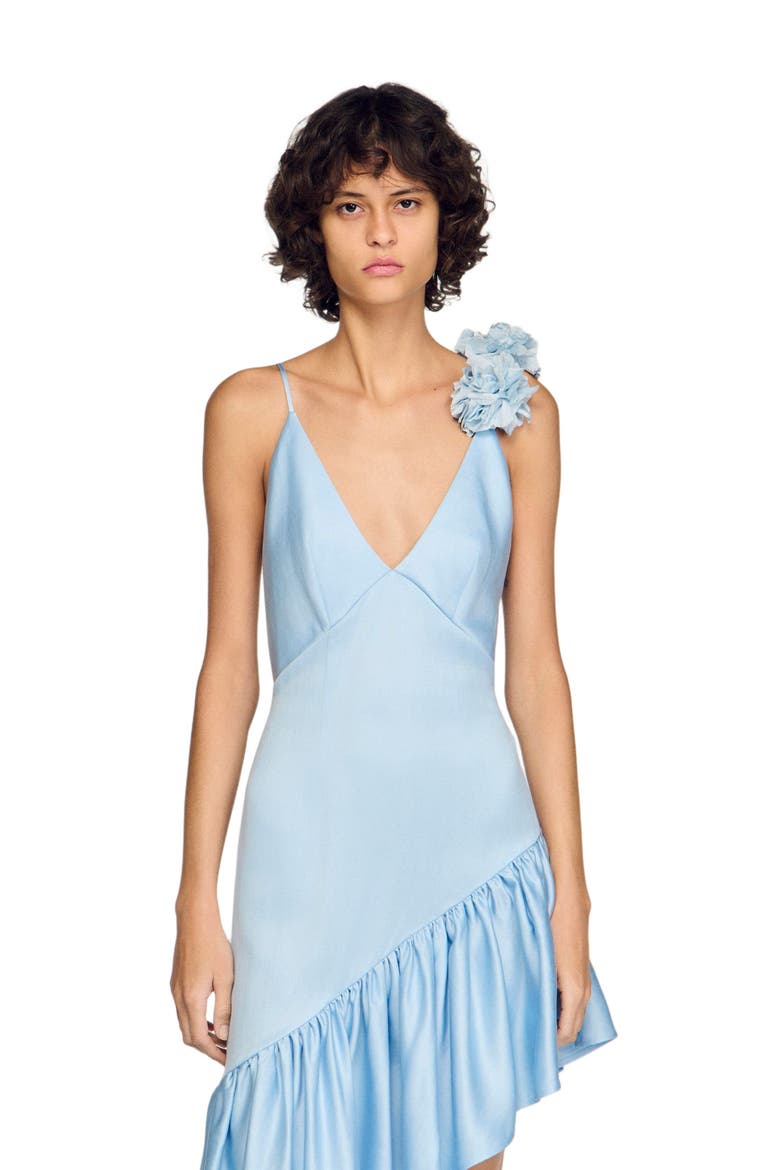 Flower detail asymmetrical ruffled dress, Alternate, color, Blue sky