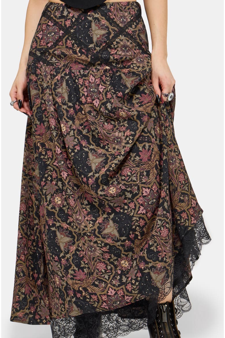 Mythos Print Lace Detail Midaxi Skirt, Alternate, color, Black