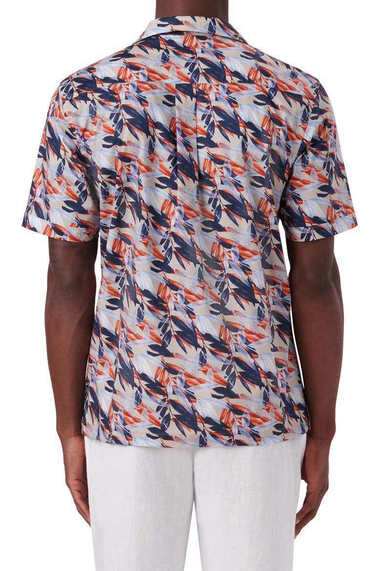 Leaf Print Short Sleeve Stretch Cotton Button-Up Shirt, Alternate, color, STONE