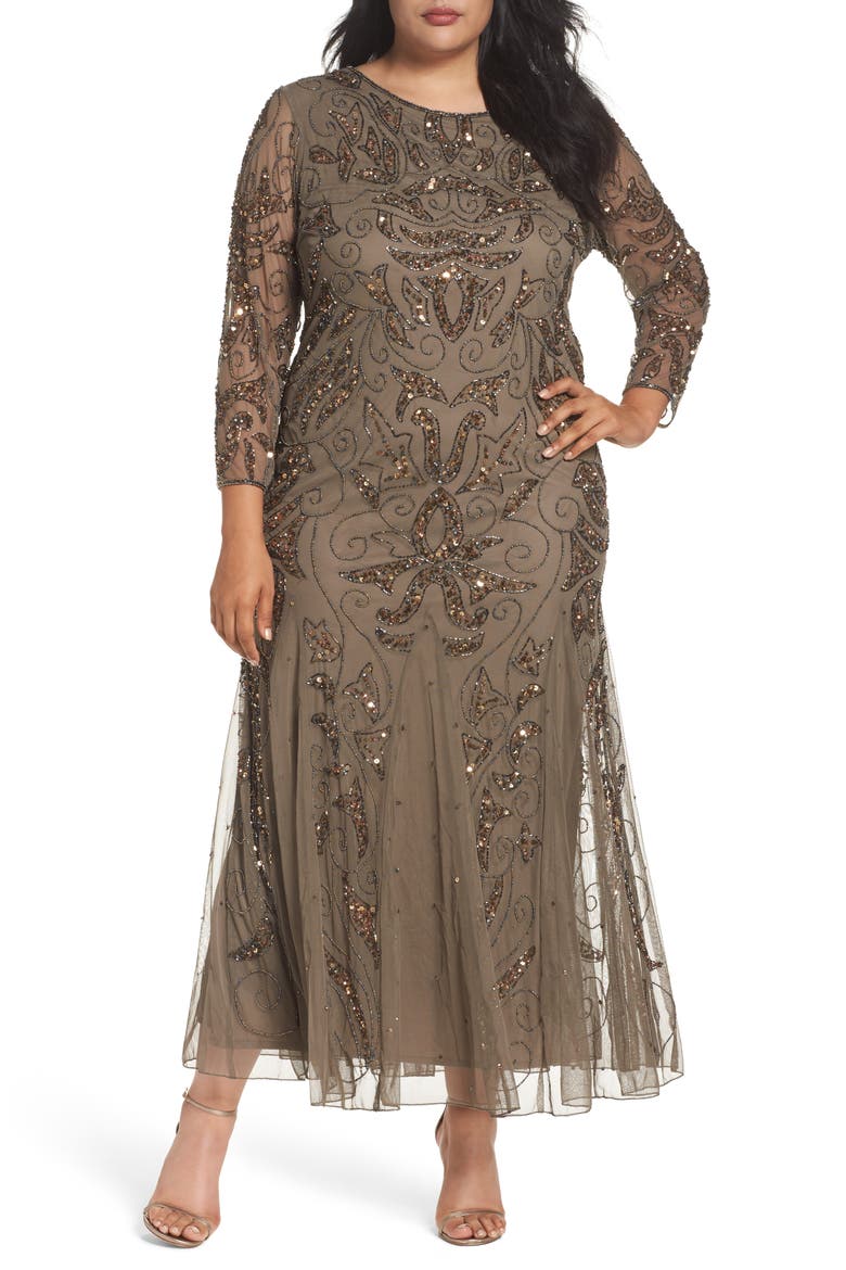 Embellished Three Quarter Sleeve Gown, Main, color, MOCHA