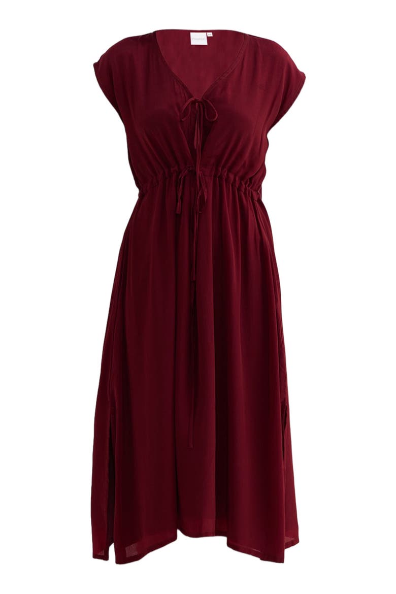 Deep V-neck Gathered Dress in Burgundy, Alternate, color, Burgundy