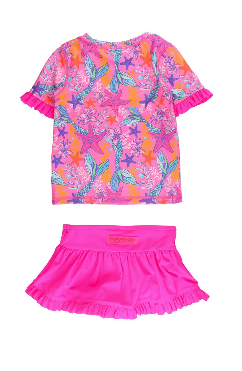 RuffleButts Toddler Girls Short Sleeve Ruffle UPF50+ Rash Guard Skirted 2-Piece, Alternate, color, Neon Shimmer Mermaid