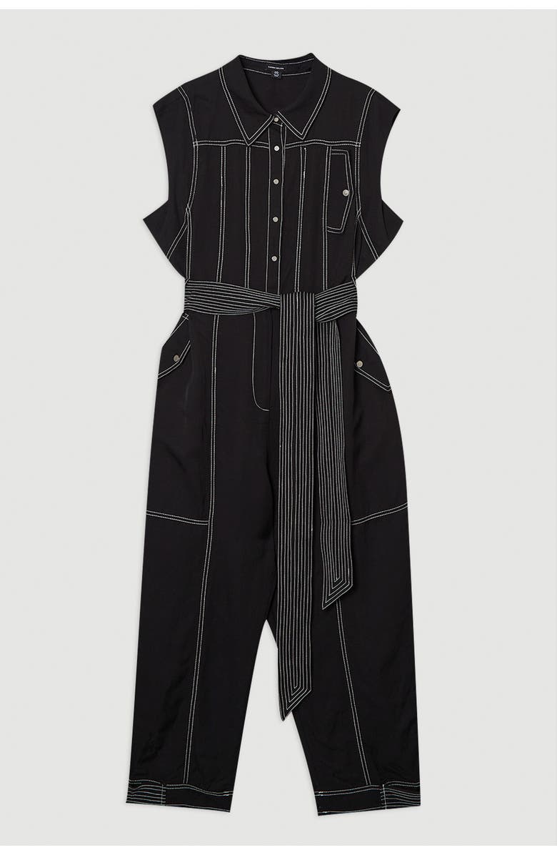 Karen Millen Premium Linen Woven Jumpsuit, Alternate, color, Black