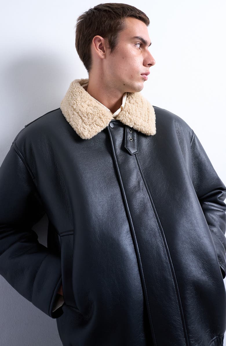 Topman Faux Leather & Faux Shearling Bomber Jacket, Alternate, color, Black