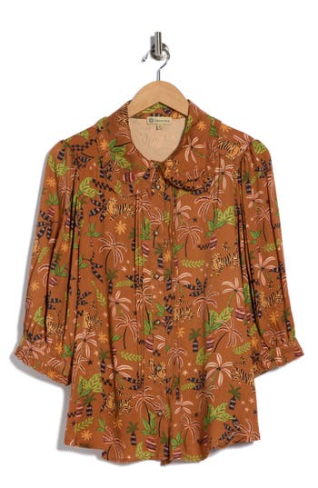 Democracy Print Button-up Shirt In Brown