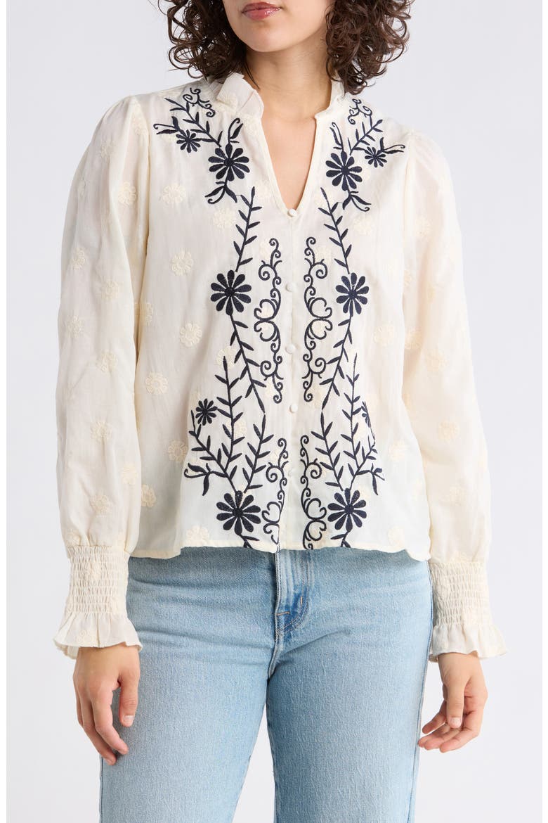 Floral Embroidered Smocked Cuff Top, Main, color, NATURAL