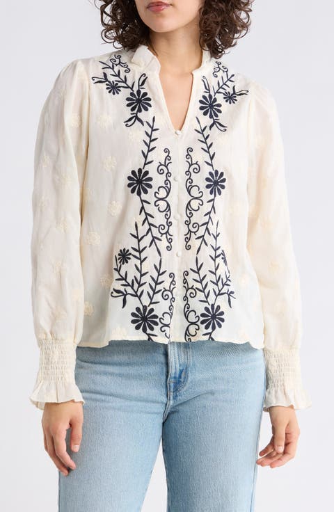 Floral Embroidered Smocked Cuff Top
