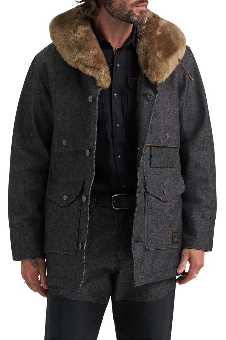 Filson X Wrangler Genuine Shearling Collar Packer Jacket, Main, color, BLACK