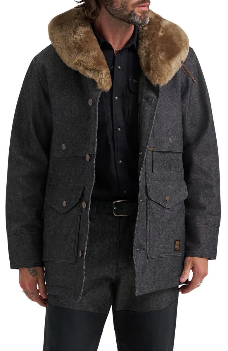 Wrangler Filson X Wrangler Genuine Shearling Collar Packer Jacket, Main, color, Black