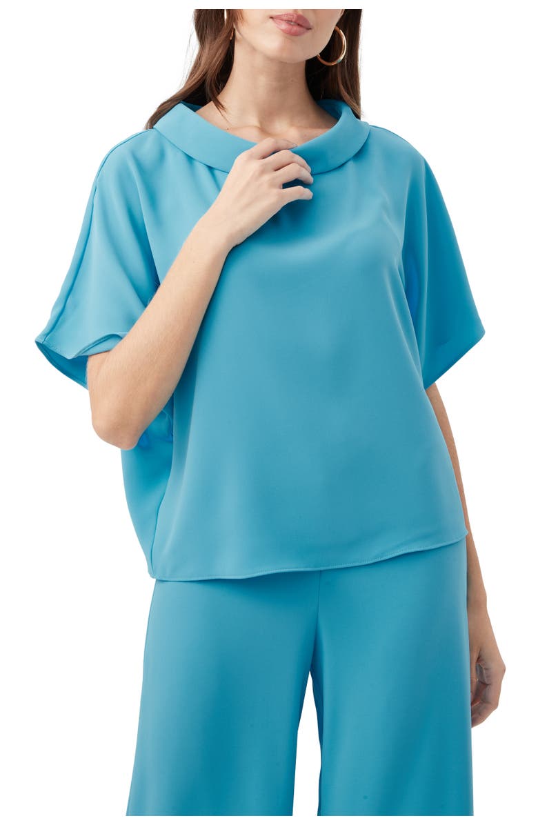 Trina Turk Honeysuckle Short Sleeve Drapey Top, Main, color, Champion Cyan