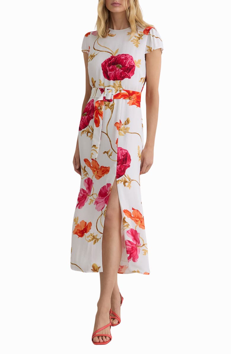 Reiss Lyra Floral Print Belted Maxi Dress, Main, color, Ivory/ Pink
