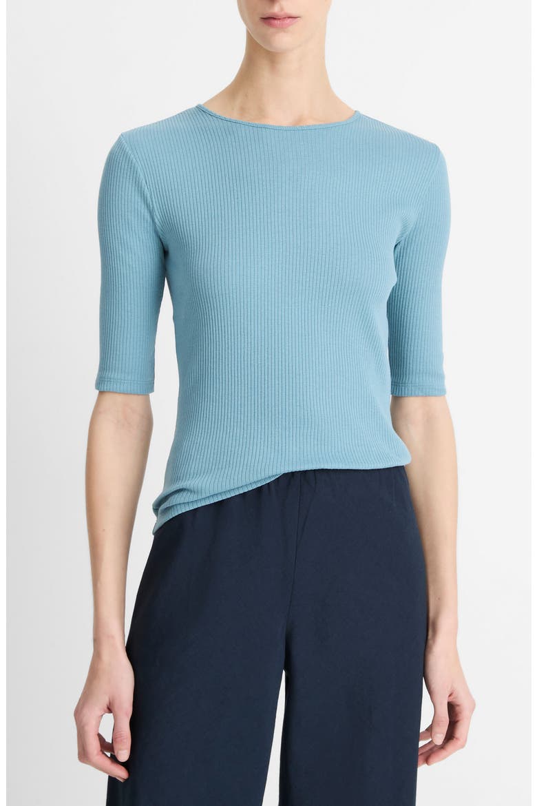 Rib Elbow Sleeve Cotton Top, Main, color, SKY STEEL