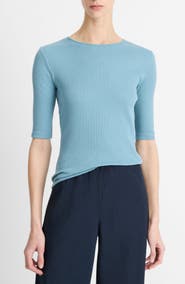 Vince Rib Elbow Sleeve Cotton Top
