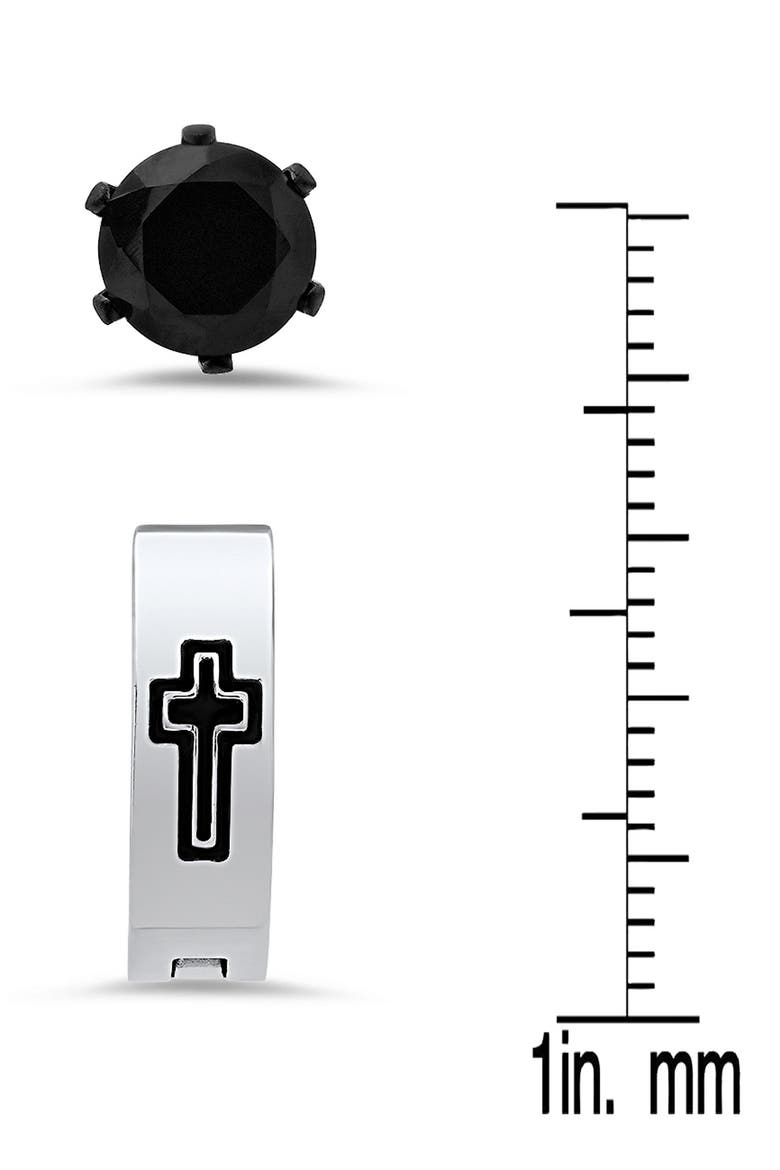 Unisex Set of 2 Black Stainless Steel Crystal Stud & Cross Hoop Earrings, Alternate, color, SILVER/ BLACK