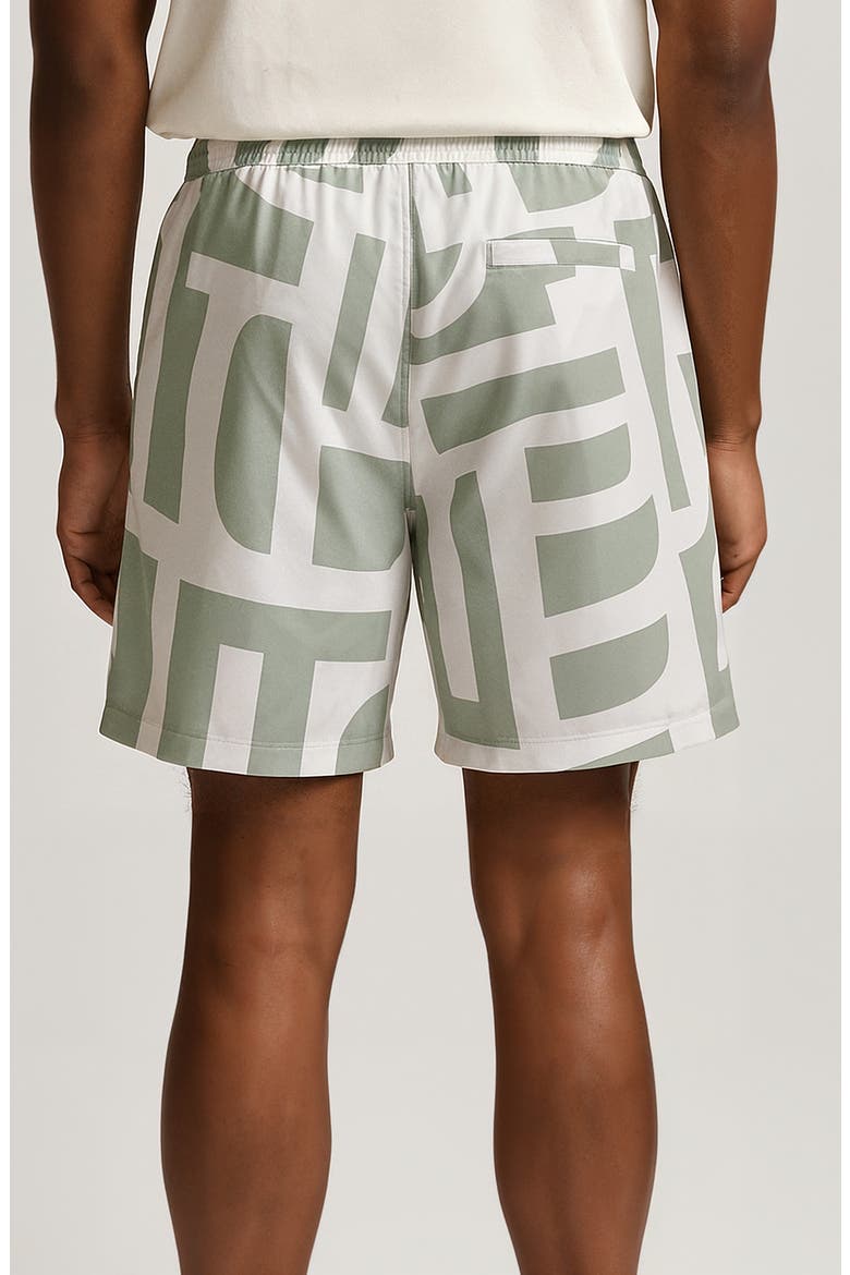 Geometric Print Swim Trunks, Alternate, color, WHITE/ LIGHT GREEN