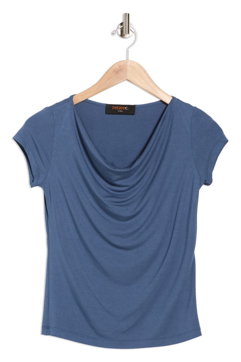 Solid Cowl Neck Cap Sleeve T-Shirt, Alternate, color, INDIGO
