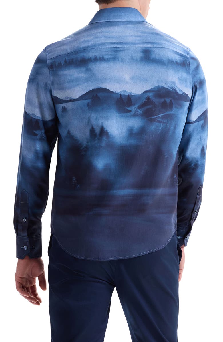 Bugatchi Julian Shaped Fit Landscape Print Lyocell Button-Up Shirt, Alternate, color, Teal