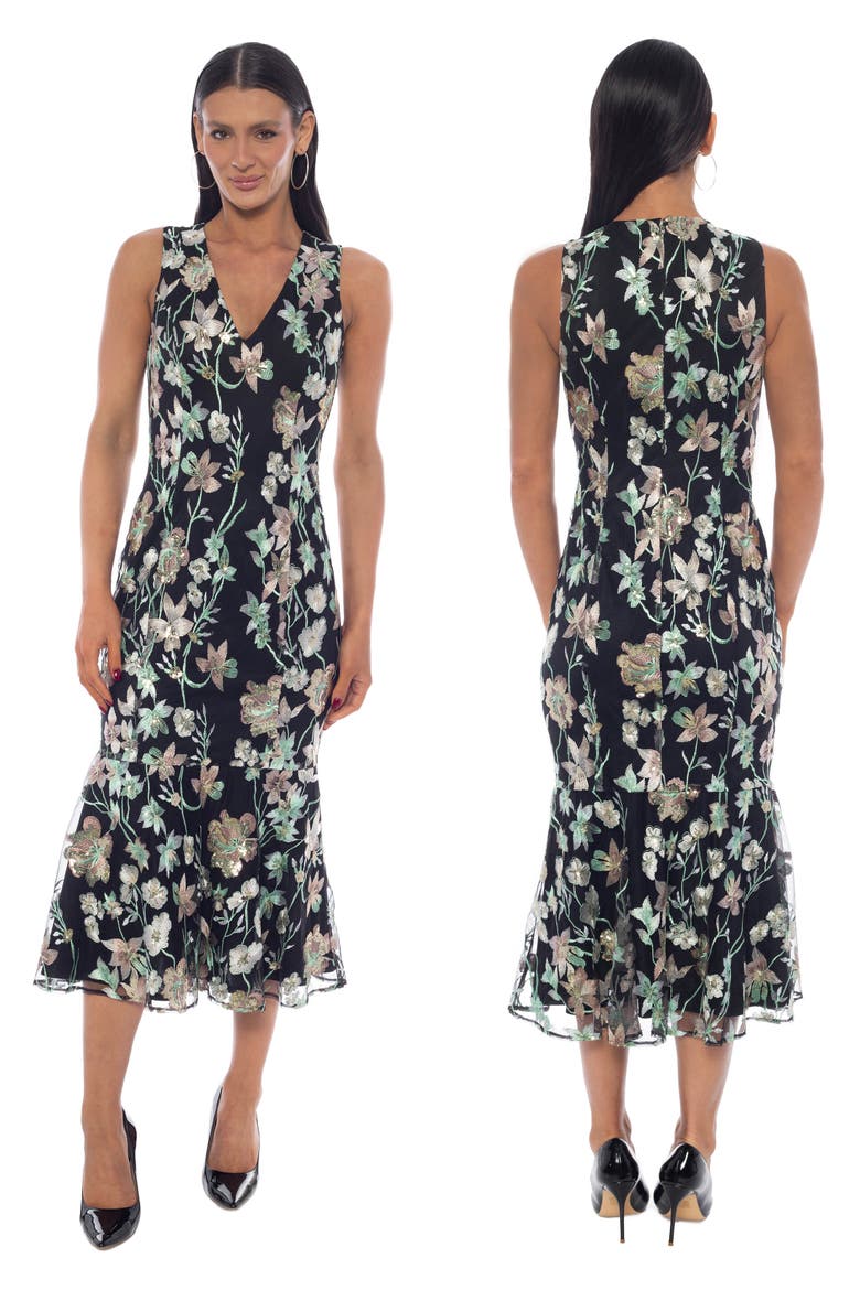 Embroidered Mesh V-Neck Ruffle Midi Dress, Alternate, color, MULTI