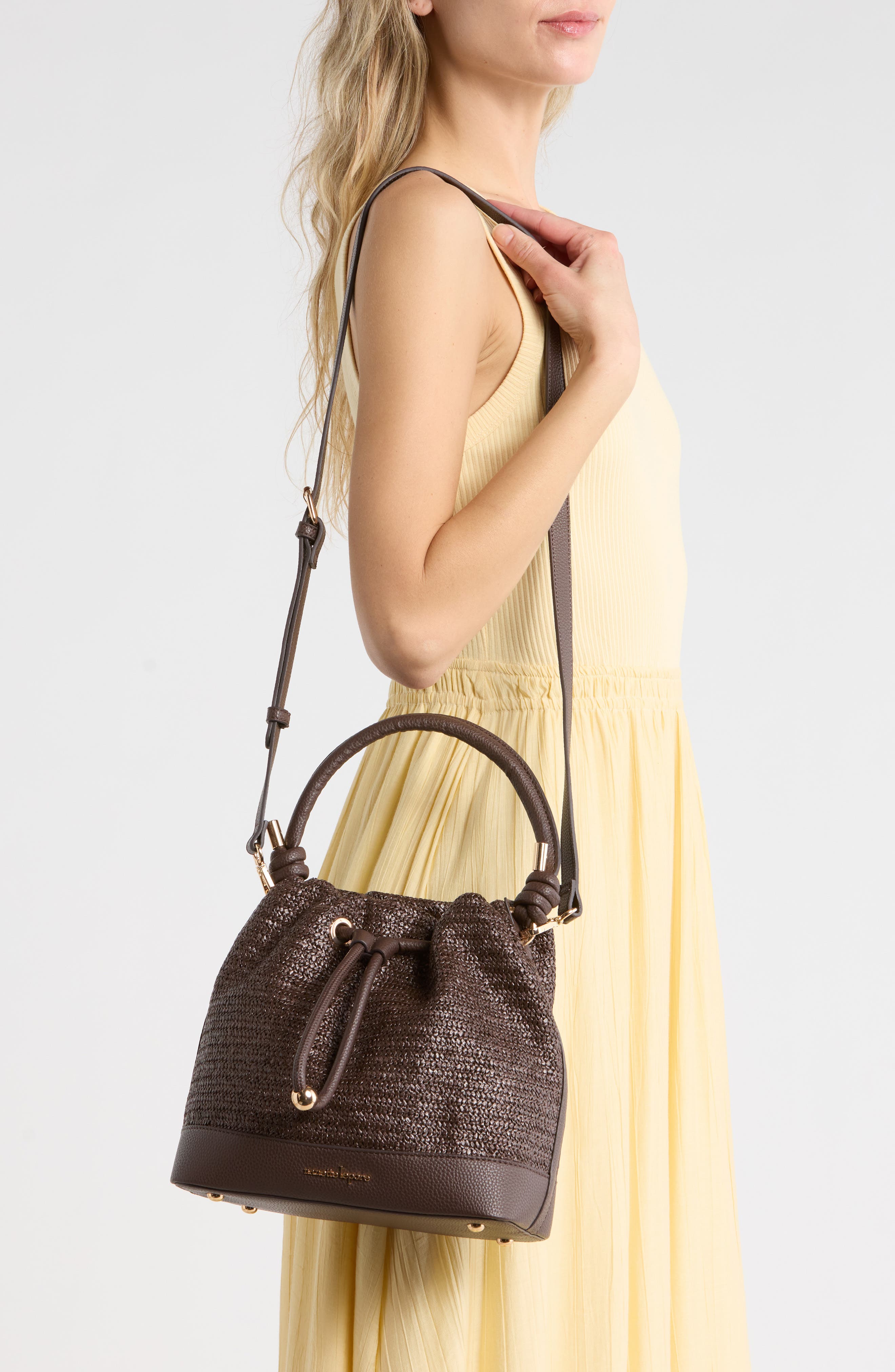 Nanette Lepore Straw Drawstring Convertible Bucket Bag, Alternate, color, Maple Straw-Maple