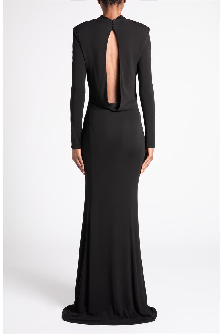 Long Sleeve Crepe Jersey Gown, Alternate, color, BLACK