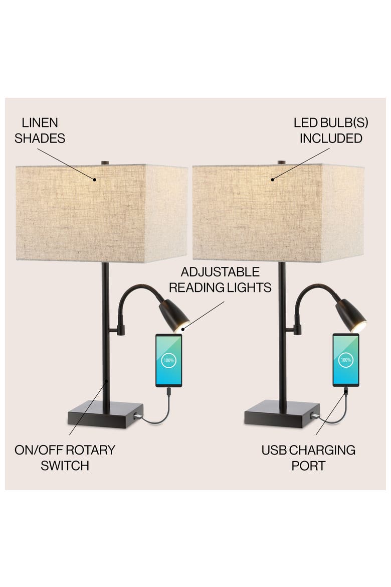 Austin 2-Light Farmhouse Industrial Iron LED Table Lamp with USB Charging Port and Adjustable Reading Light, Alternate, color, Oil Rubbed Bronze