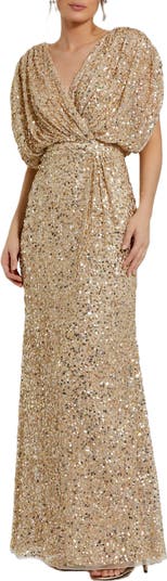 Draped Sleeve V Neck Gown