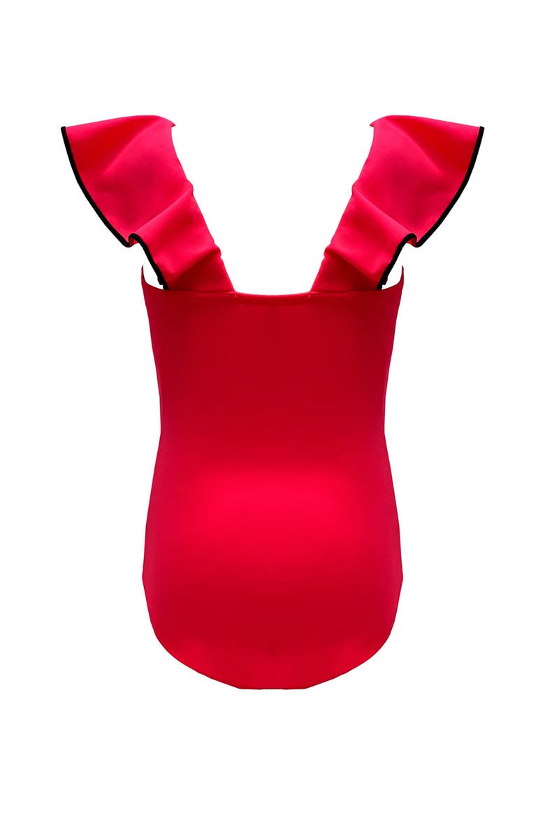 Ruffled V-Neck Belted One-Piece Swimsuit, Alternate, color, Red