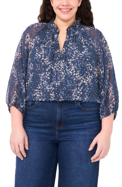 CeCe Floral Clip Dot Ruffle V-Neck Top in Blue Haze 