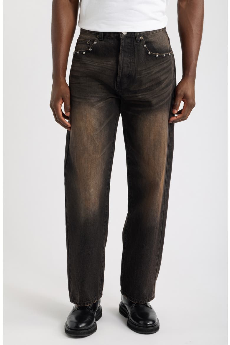 Studded Boxcar Straight Leg Jeans, Main, color, BLACK RUST WASH