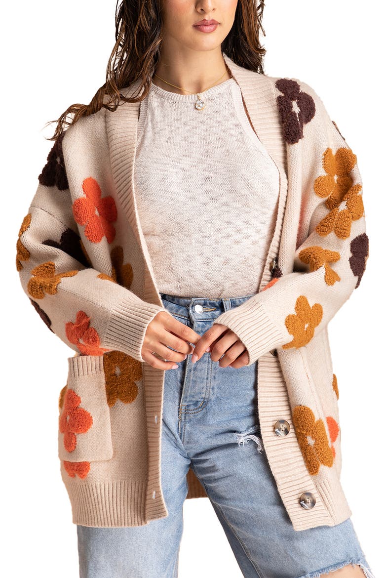 Floral Print Button Front Cardigan, Main, color, BEIGE