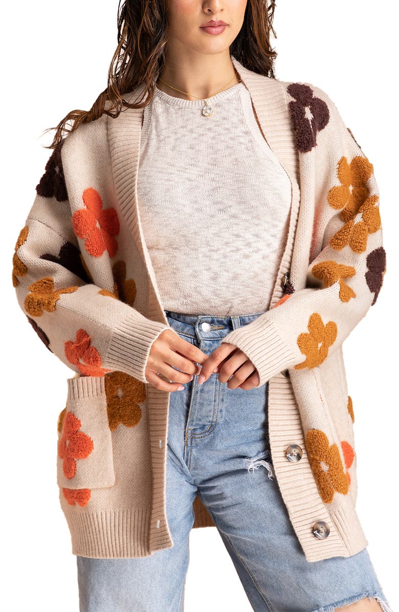 SAACHI Floral Print Button Front Cardigan, Main, color, Beige
