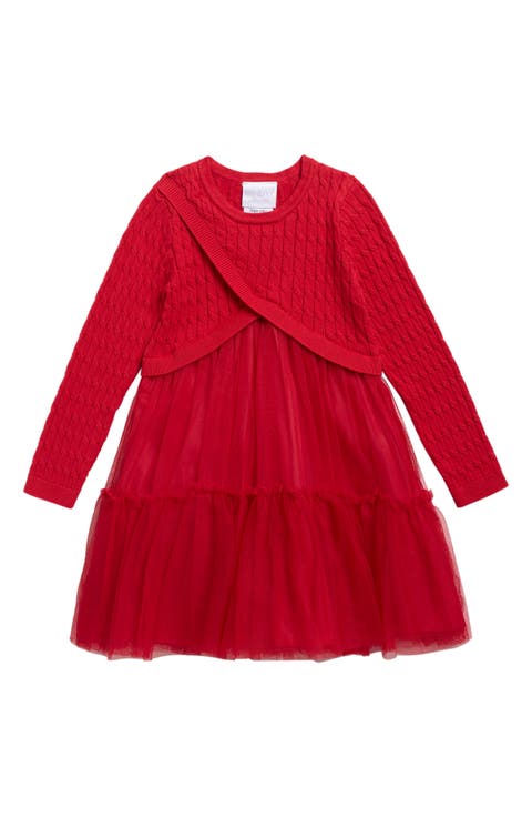 Kids' Tiered Mesh Long Sleeve Sweater Dress