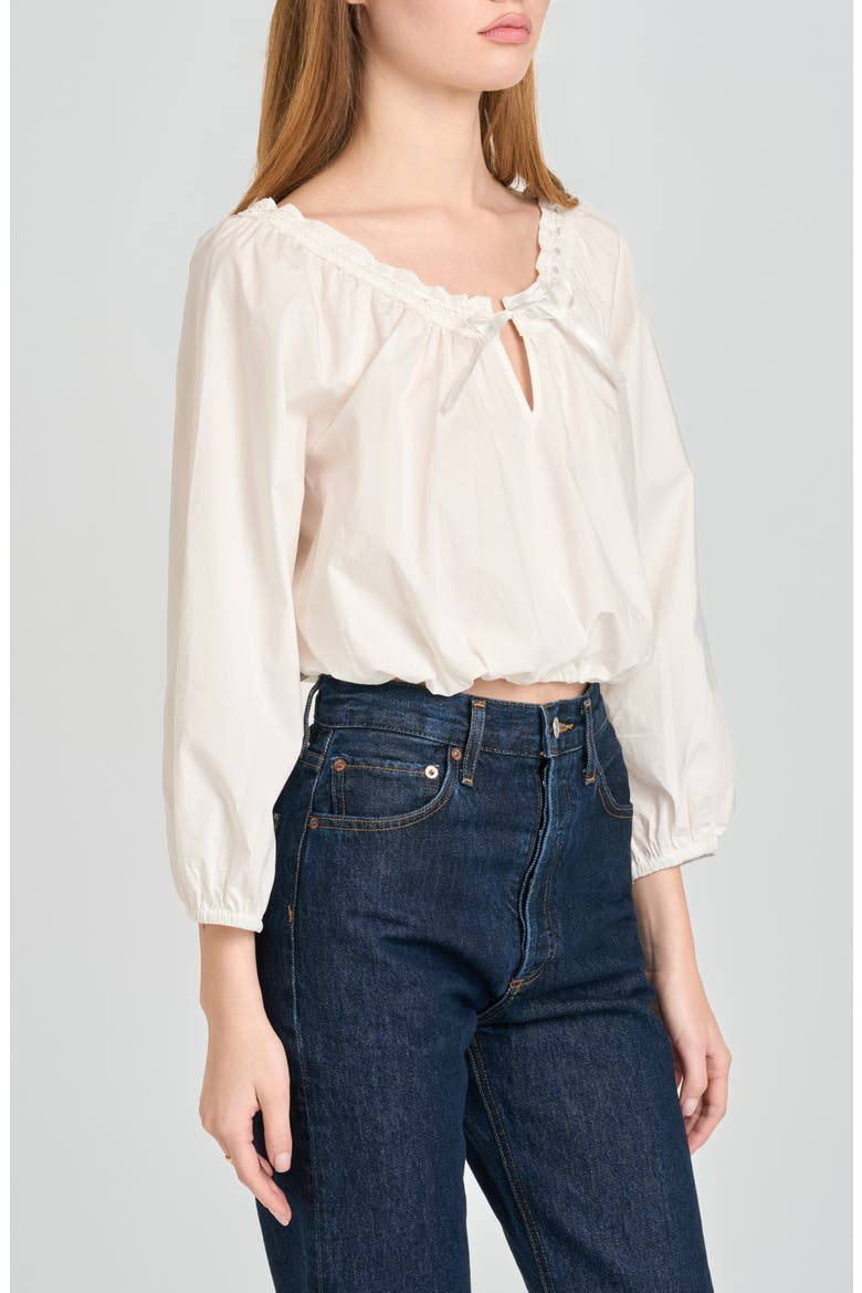 Mia Boho Lace Trim Gathered Stretch Cotton Top, Alternate, color, IVORY