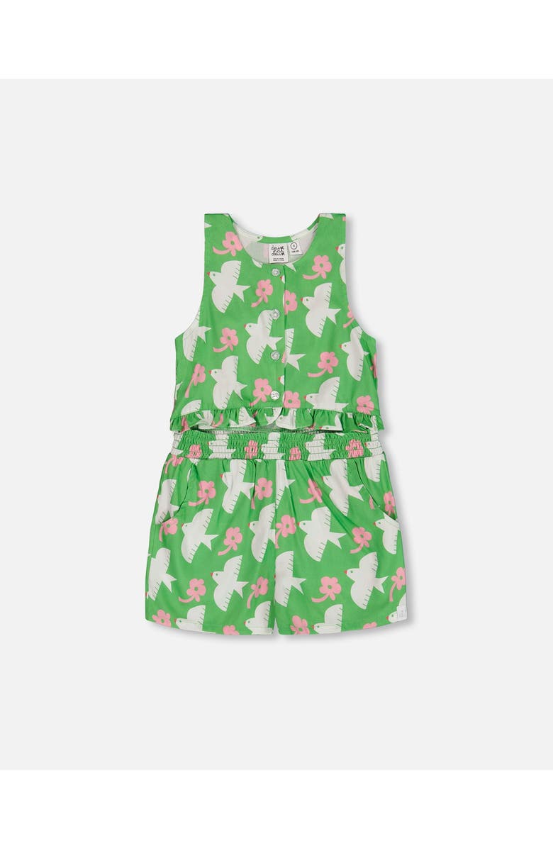 Deux par Deux Girl's Printed Romper With Frills Green With White And Pink Bird, Main, color,