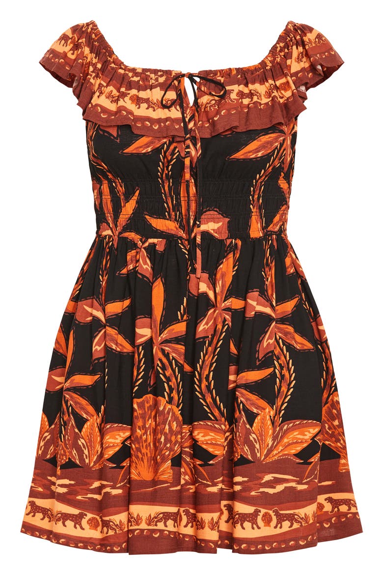Tahitian Border Print Off the Shoulder Dress, Alternate, color, BLACK TAHITIAN