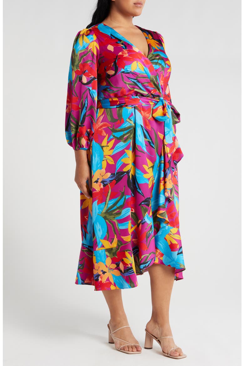 Floral Satin Faux Wrap Dress, Alternate, color, WILD BERRY MULTI