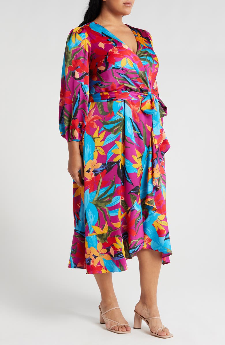 Tahari ASL Floral Satin Faux Wrap Dress, Alternate, color, 