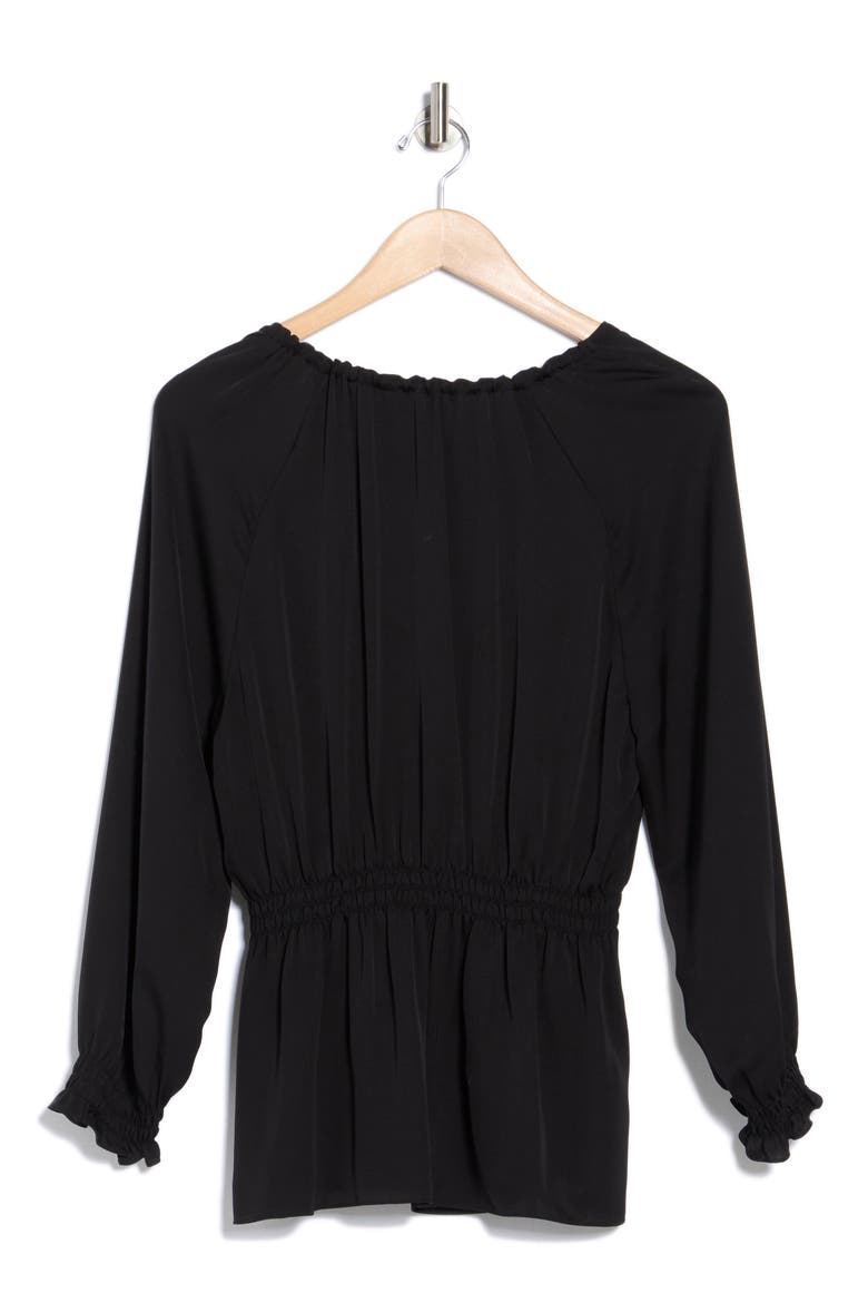 Tie Neck Smocked Silk Top, Alternate, color, BLACK