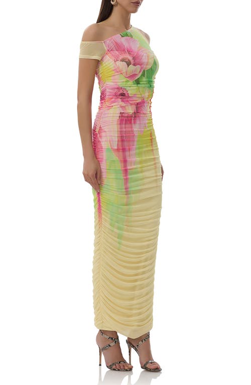 Afrm Biona Printed One-shoulder Ruched Mesh Maxi Dress In Butter Peony