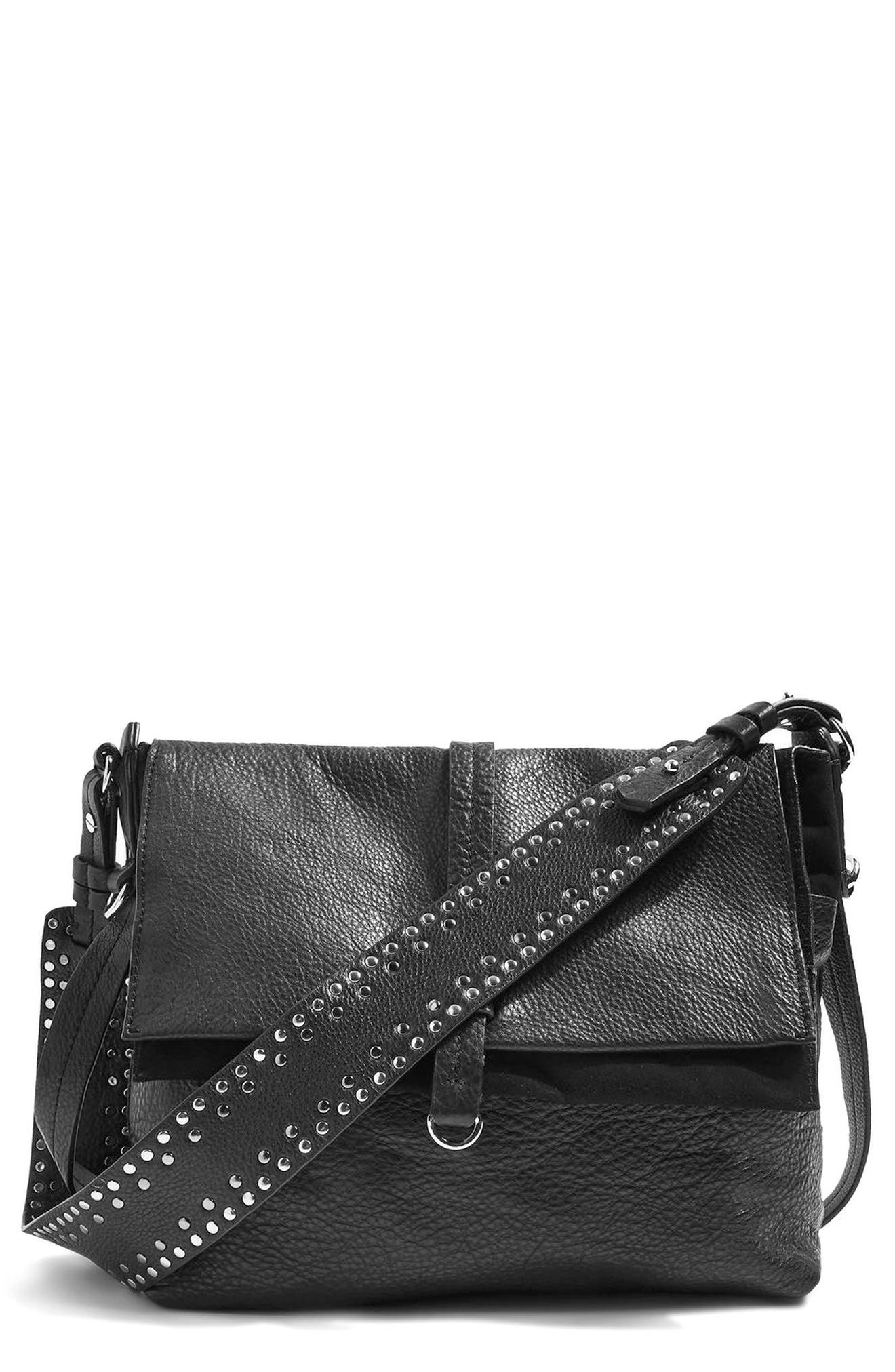 Topshop Premium Leather Studded Calfskin Hobo Bag, Main, color, 