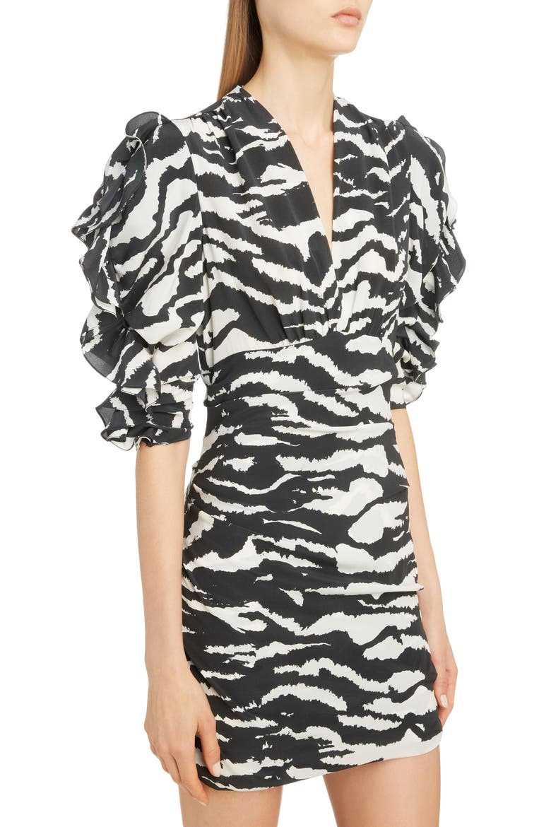 Zebra Print Puff Sleeve Stretch Silk Minidress, Alternate, color, BLACK