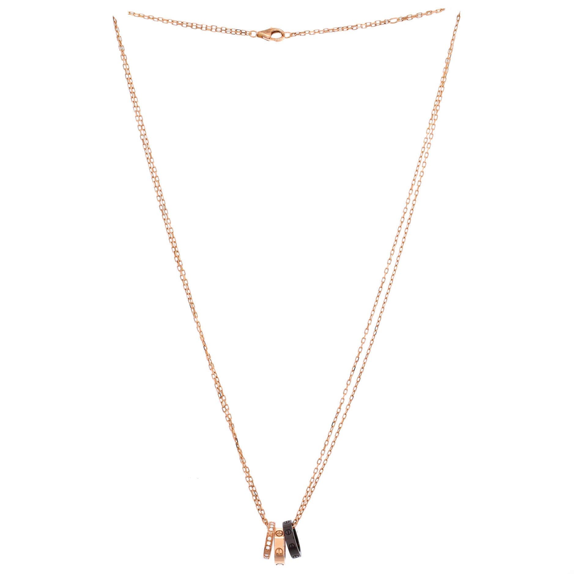 Love 3 Ring Pendant Necklace 18K Rose Gold and Ceramic with Diamonds, Alternate, color, Metallic Gold