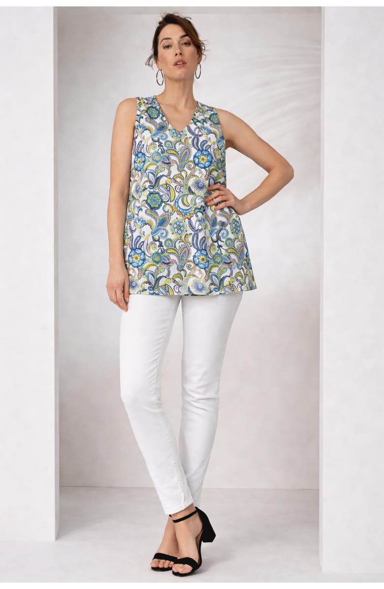 Jessica London Stretch Cotton V-Neck Trapeze Tank, Alternate, color, White Multi Paisley