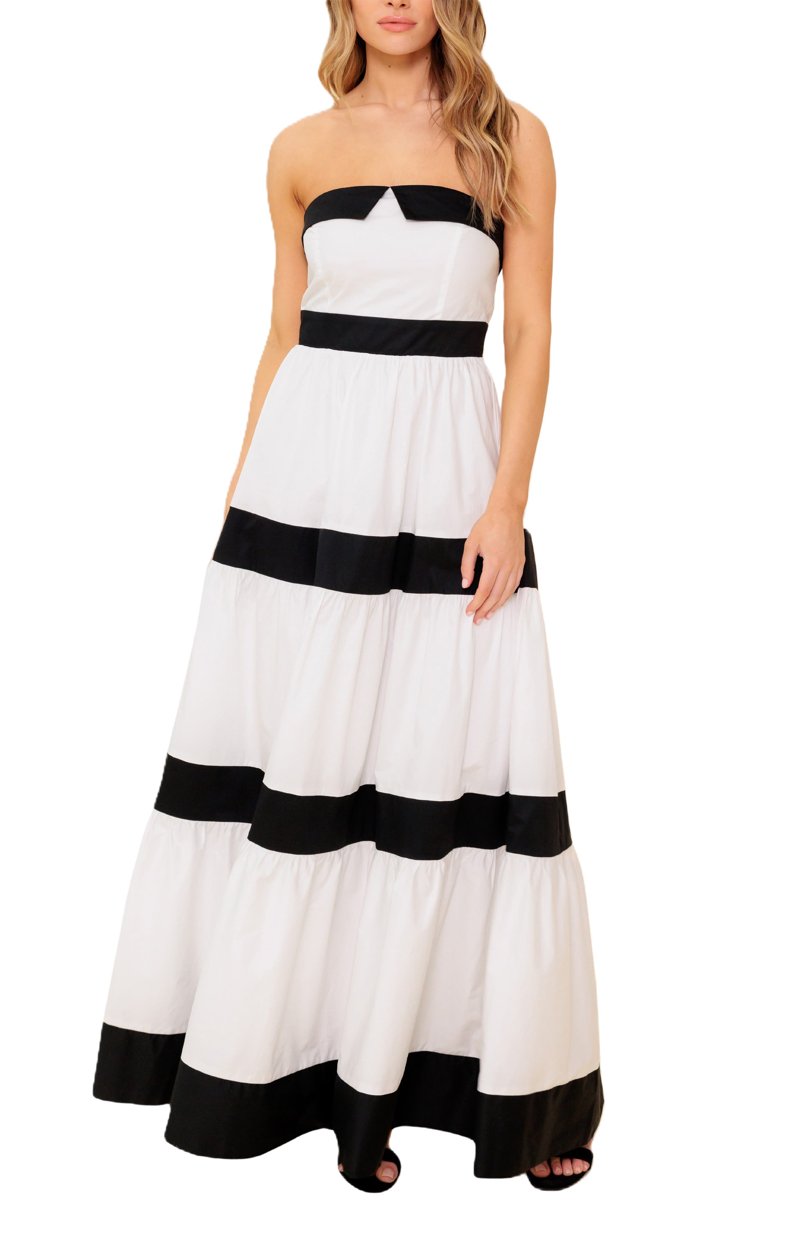 Colorblock Strapless Tiered Cotton Maxi Dress
