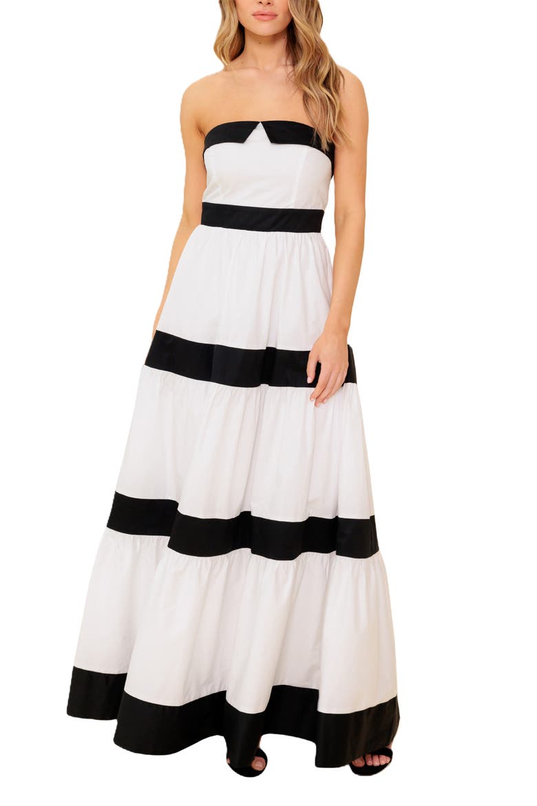 Colorblock Strapless Tiered Cotton Maxi Dress, Main, color, WHITE/ BLACK