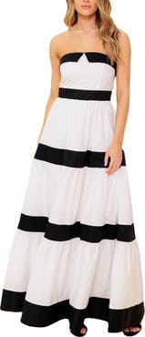 FLYING TOMATO Colorblock Strapless Tiered Cotton Maxi Dress