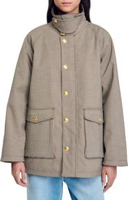 SANDRO Check coat with velvet collar | Nordstrom
