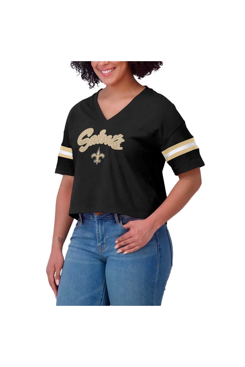 Women's WEAR by Erin Andrews Black New Orleans Saints Plus Size Color Block Boxy V-Neck T-Shirt, Alternate, color, Black
