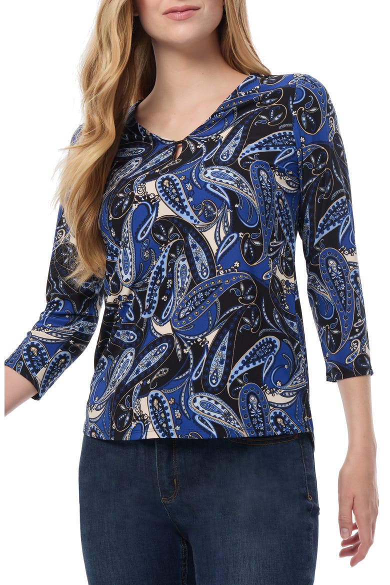 Paisley Print Three-Quarter Sleeve Crepe Top, Main, color, JONES BLACK MULTI