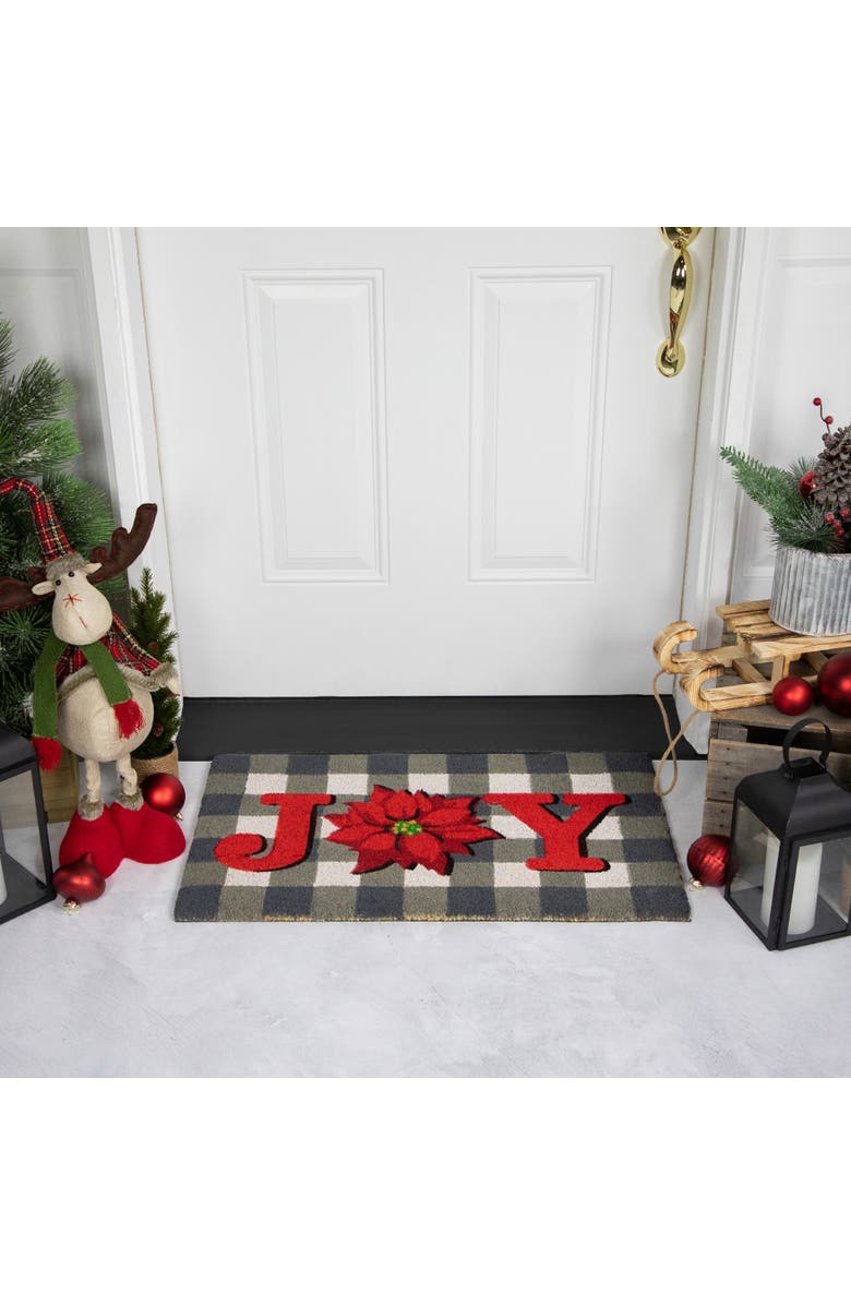 Northlight Gray and Red Poinsettia "Joy" Christmas Natural Coir Outdoor Doormat 18" x 30", Alternate, color, Gray